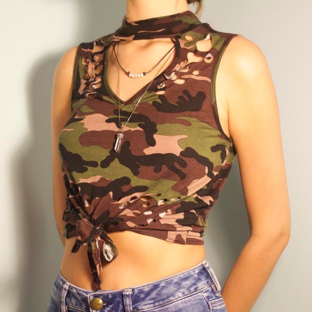 Distressed Camo Sleeveless Top